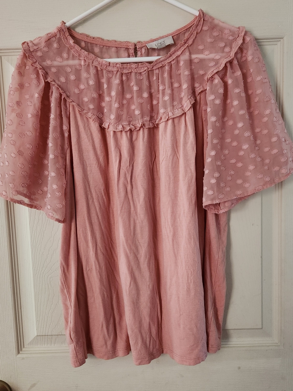 LOFT Dusty Pink Swiss Dot Ruffle Yoke Blouse